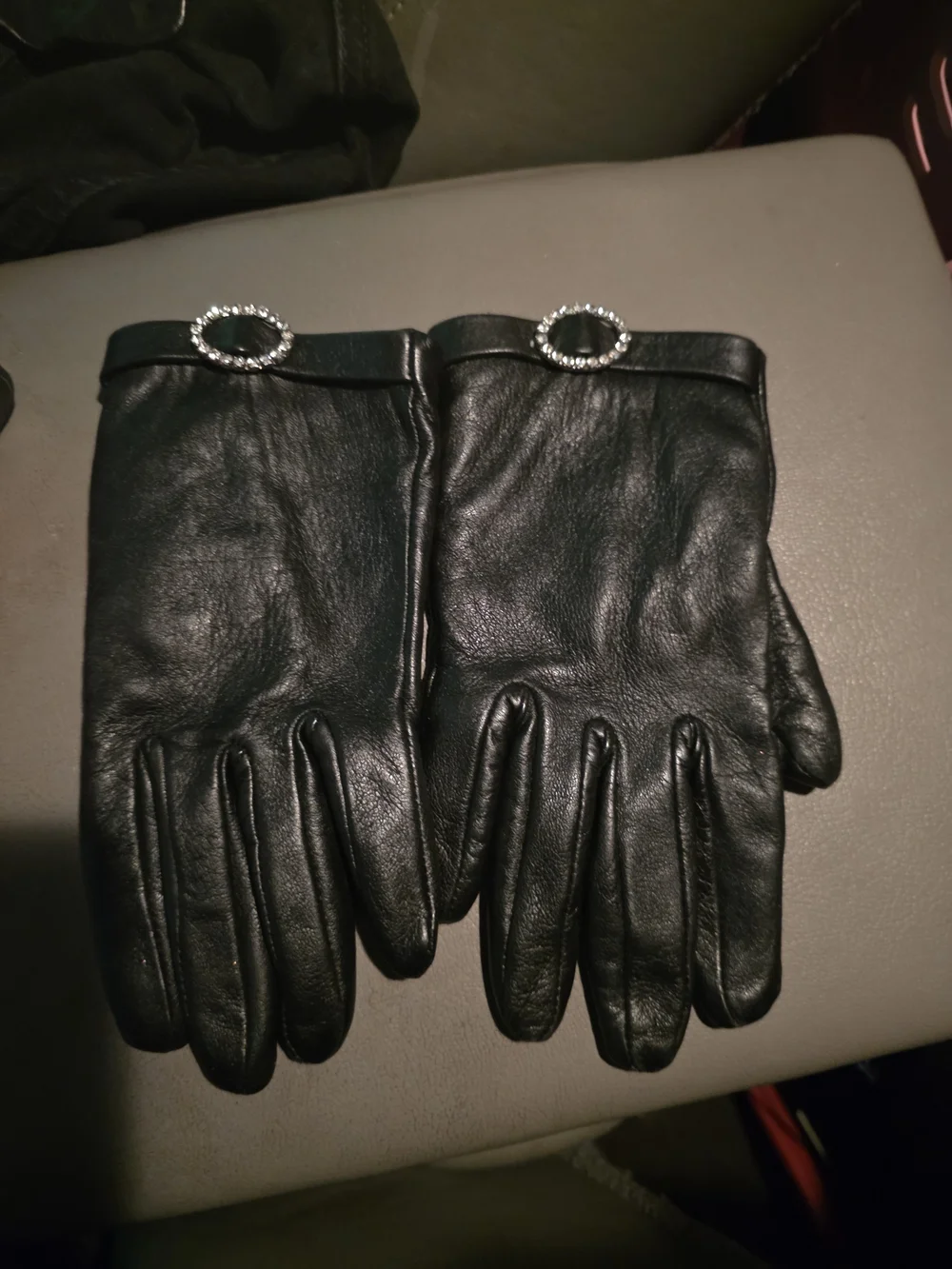 Preston & York Black Leather Gloves with Rhinestone Oval Accent